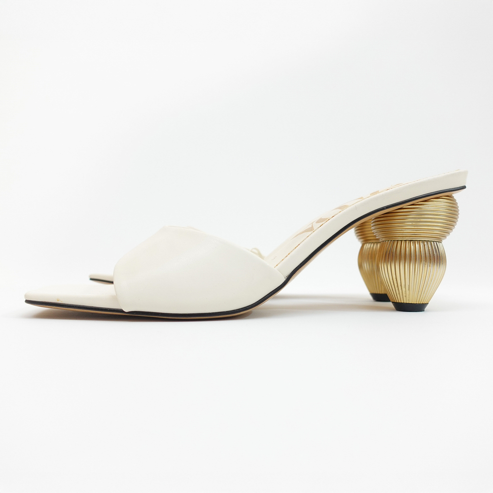 Zara White Slide Sandals with Gold Sculptural Ribbed Block Heel - EU 39/US 8 - Picture 3 of 12